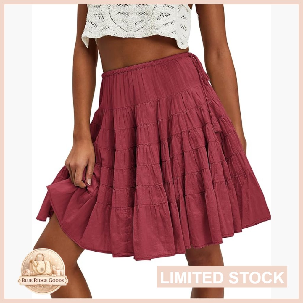 Boho Tiered Pleated Midi Skirt Flowy Drawstring Waist Casual Chic